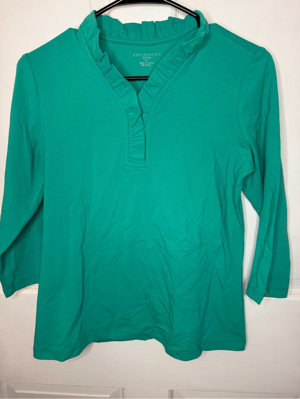 Appleseed's Teal Ruffle V-Neck 3/4 Sleeve Top